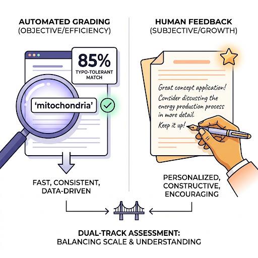 Diagram comparing two grading tracks: on the left an automated 85% typo-tolerant match on the word mitochondria, on the right a hand writing encouraging feedback on a paper.