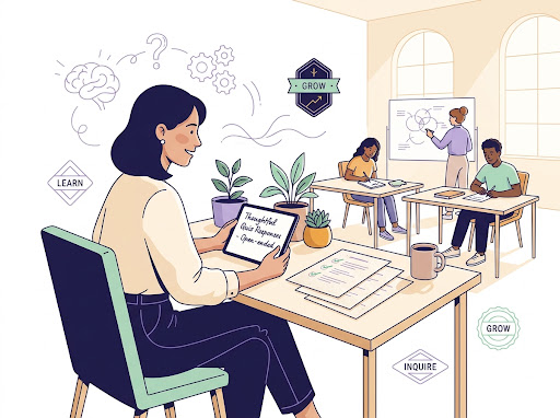 Illustration of a teacher at a desk reading quiz answers on a tablet, with marked papers beside her and three students working at desks behind.