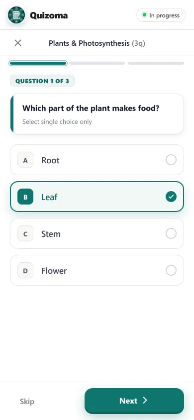 A participant answering the quiz on a phone browser: question 1 of 3, Leaf selected.