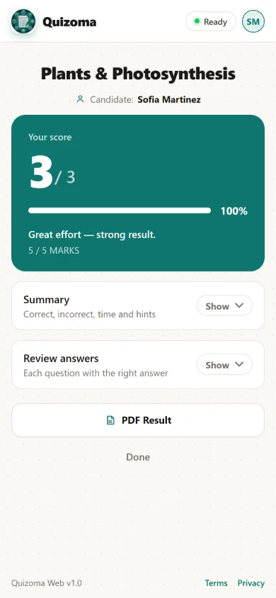 The participant's result on the phone: 3 out of 3, 100%.