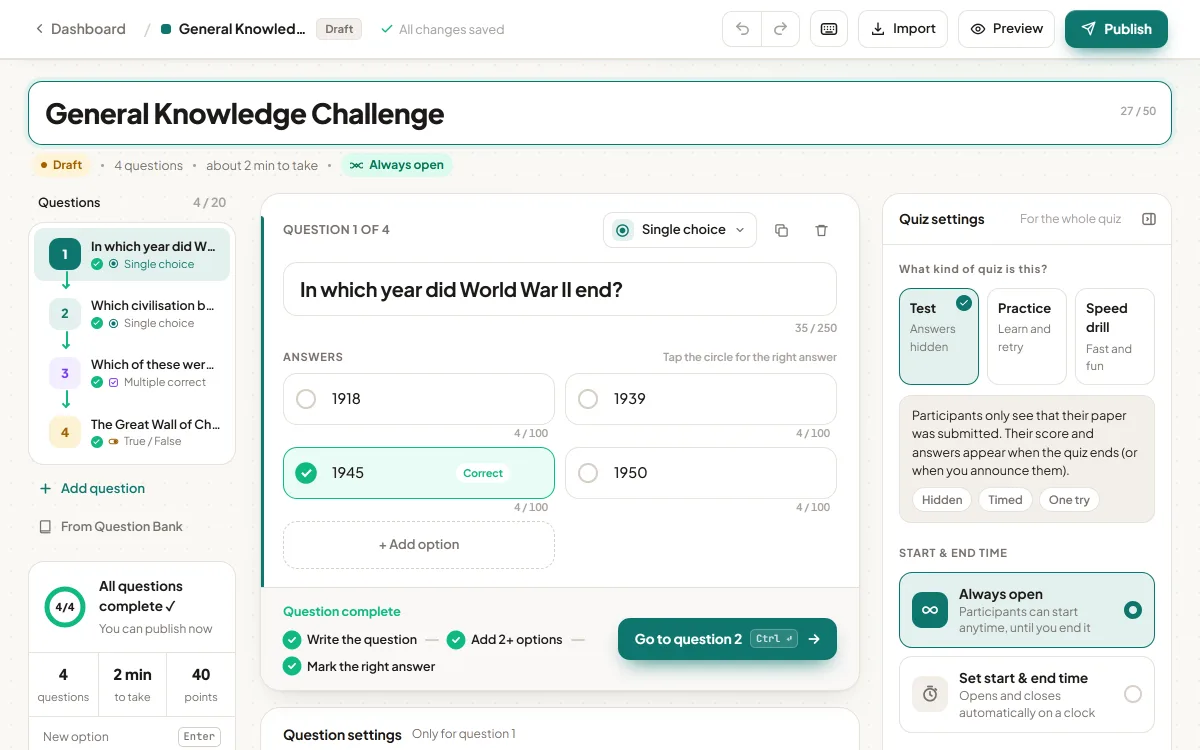 The Studio quiz builder: a General Knowledge quiz with four questions, 1945 marked as the correct answer, and Test, Practice or Speed drill settings.