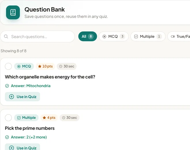 The Question Bank with filters by type and saved MCQ, multiple-correct and true/false questions.
